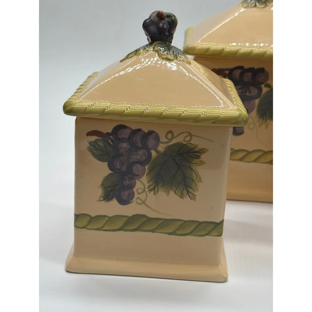 WCL Vintage Ceramic Grape Canister Set 3 Piece Tuscan Kitchen Decor Cream Purple
